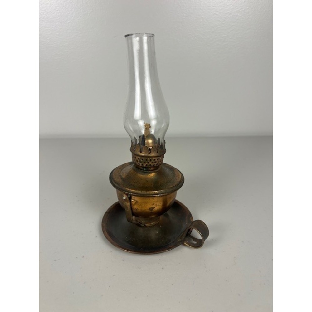 Vintage Stellar Hong Kong Miniature Copper Brass Finger Oil Lamp Hurricane Glass